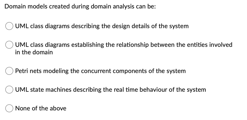 Domain models created during domain analysis can be: UML class diagrams ...