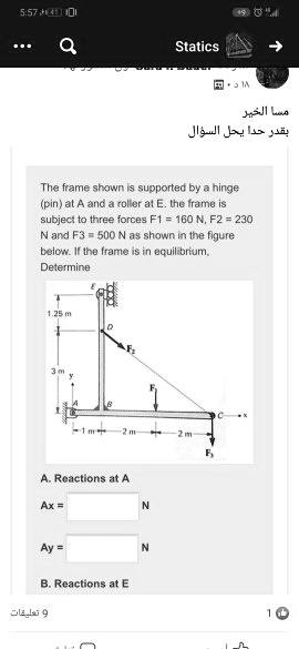 The frame shown is supported by a hinge pin at A and a roller at E. The ...