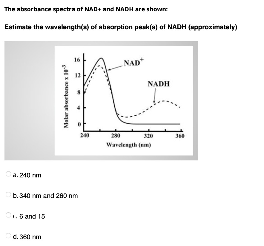 Solved The Absorbance Spectra Of Nad And Nadh Are Shown Estimate The Wavelength S Of