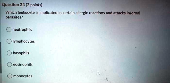 Which leukocyte is implicated in certain allergic reactions and attacks internal parasites?

neutrophils

lymphocytes

basophils

eosinophils

monocytes