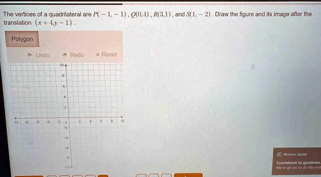 The vertices of a quadrilateral are P(- 1, - 1), Q(0,4), R(3,1), and S(1, - 2). Draw the figure and its image after the translation (x + 4,y - 1).