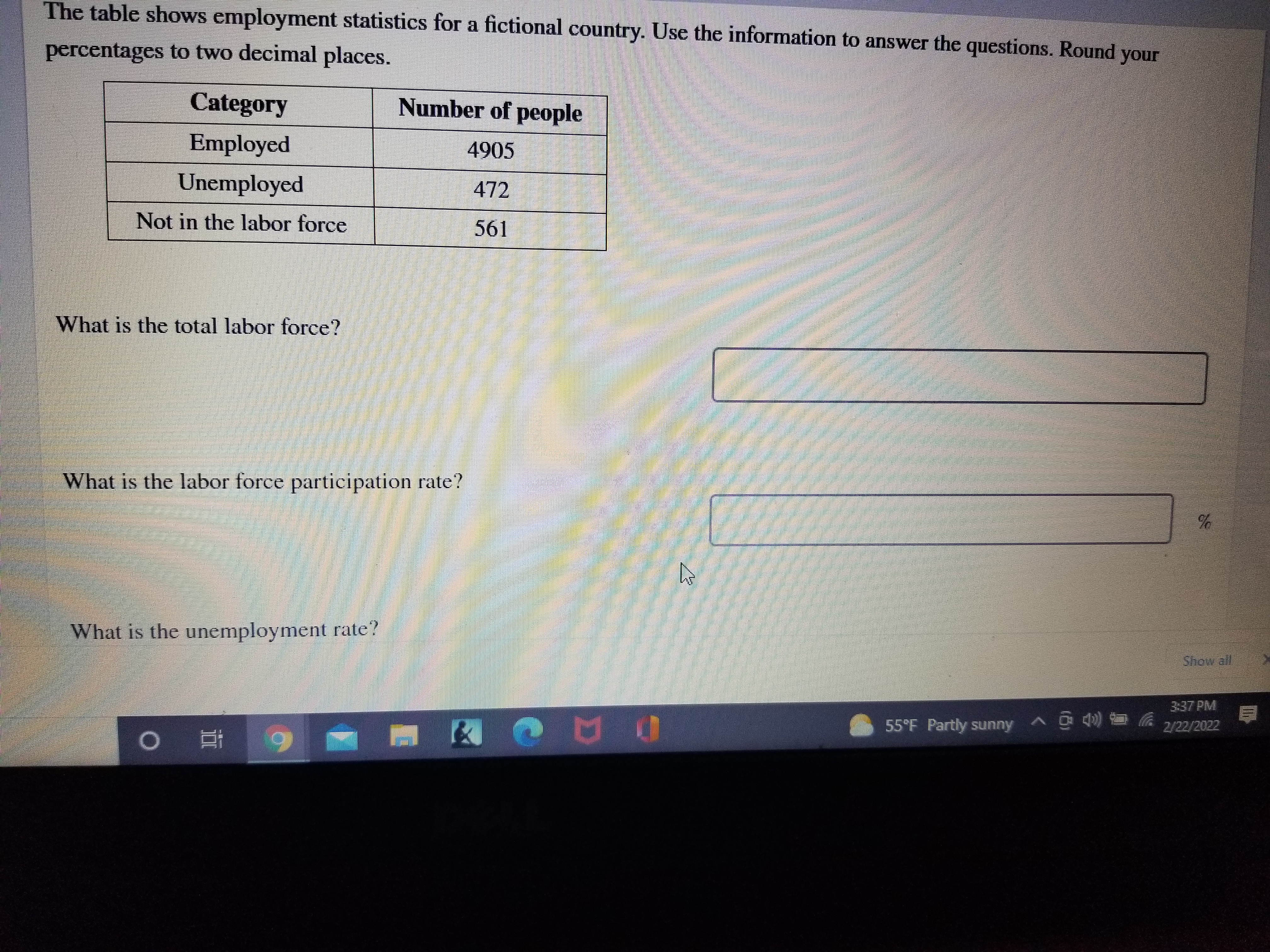 The table shows employment statistics for a fictional country. Use the information to answer the questions. Round your percentages to two decimal places.

Category | Number of people
Employed | 4905
Unemployed | 472
Not in the labor force | 561

What is the total labor force?
What is the labor force participation rate? %
What is the unemployment rate?