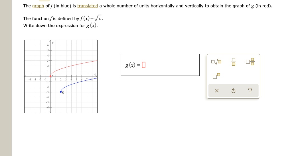 The graph of f (in blue) is translated a whole number of units horizontally and vertically to obtain the graph of g (in red).
The function f is defined by f(x) = sqrtx.
Write down the expression for g(x).