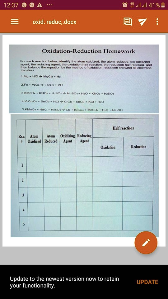 Solved 12 37 0 4g L Ll 41 Oxid Reduc Docx Oxidation Reduction Homework Eor Each Reecton Belou Meml Ine Alan Oxiduoo 018 Atom Reduceu The Oxujizing Aon R Qucino Aqeu The Oxkj Alich Hall Touction The Roduction