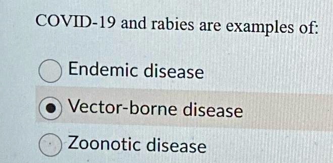 COVID-19 and rabies are examples of: Endemic disease Vector-borne ...