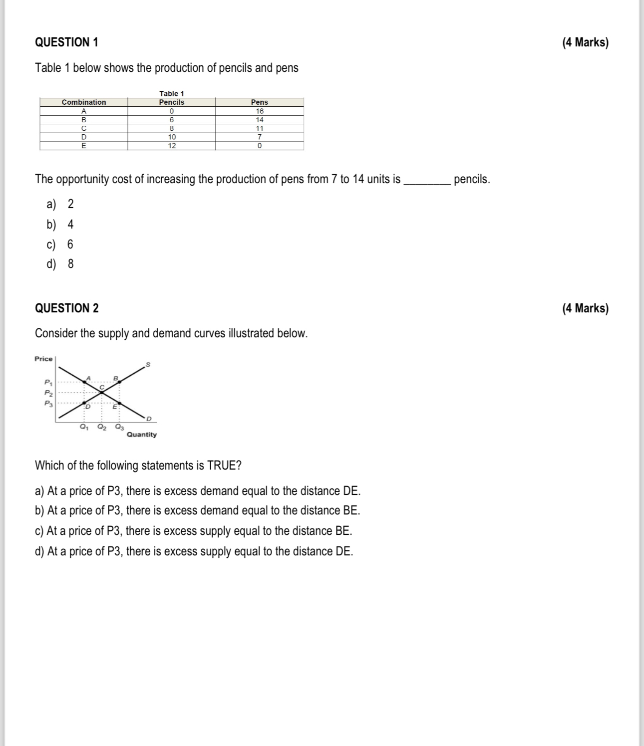 QUESTION 1
(4 Marks)
Table 1 below shows the production of pencils and pens

Table 1
Combination | Pencils | Pens
A | 0 | 16
B | 6 | 14
C | 8 | 11
D | 10 | 7
E | 12 | 0

The opportunity cost of increasing the production of pens from 7 to 14 units is  pencils.
a) 2
b) 4
c) 6
d) 8

QUESTION 2
(4 Marks)
Consider the supply and demand curves illustrated below.

Which of the following statements is TRUE?
a) At a price of P3, there is excess demand equal to the distance DE.
b) At a price of P3, there is excess demand equal to the distance BE.
c) At a price of P3, there is excess supply equal to the distance BE.
d) At a price of P3, there is excess supply equal to the distance DE.