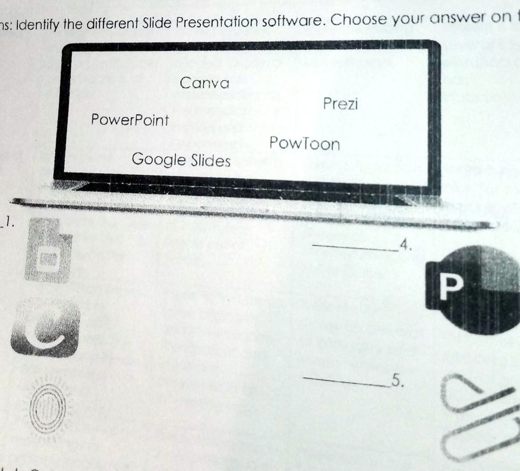 Identify the different Slide Presentation software. Choose your answer on the screen below.

Canva
Prezi
PowerPoint
PowToon
Google Slides

1.
4.
P
5.