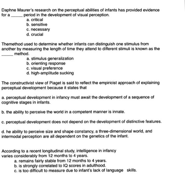 According to the cognitive perspective of perceptual development babies new arrivals