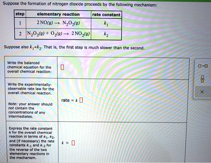 Suppose the formation of nitrogen dioxide proceeds by the following mechanism:

step | elementary reaction | rate constant
1 | 2 NO(g) -> N2O2(g) | k1
2 | N2O2(g) + O2(g) -> 2 NO2(g) | k2

Suppose also k1 << k2. That is, the first step is much slower than the second.

Write the balanced chemical equation for the overall chemical reaction:

Write the experimentally-observable rate law for the overall chemical reaction.
rate = k
Note: your answer should not contain the concentrations of any intermediates.

Express the rate constant k for the overall chemical reaction in terms of k1, k2, and (if necessary) the rate constants k-1 and k-2 for the reverse of the two elementary reactions in the mechanism.
k =