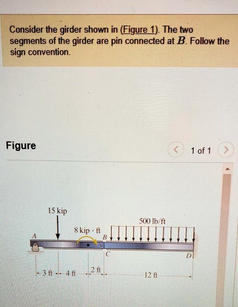 Consider the girder shown in (Figure 1). The two segments of the girder are pin connected at B. Follow the sign convention.

15 kip
500 lb/ft
8 kip · ft
3 ft - 4 ft - 2 ft
12 ft