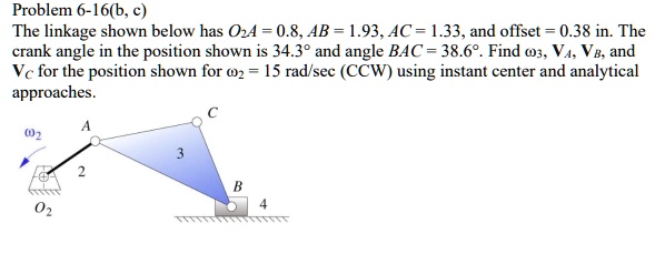 Problem 6-16(b, c)
The linkage shown below has O2A = 0.8, AB = 1.93, AC = 1.33, and offset = 0.38 in. The
crank angle in the position shown is 34.3^circ and angle BAC = 38.6^circ. Find omega3, VA, VB, and
VC for the position shown for omega2 = 15 rad/sec (CCW) using instant center and analytical
approaches.