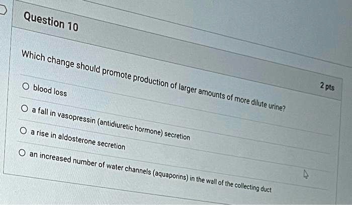 Which change should promote production of larger amounts of more dilute urine?
blood loss
a fall in vasopressin (antidiuretic hormone) secretion
a rise in aldosterone secretion
an increased number of water channels (aquaporins) in the wall of the collecting duct