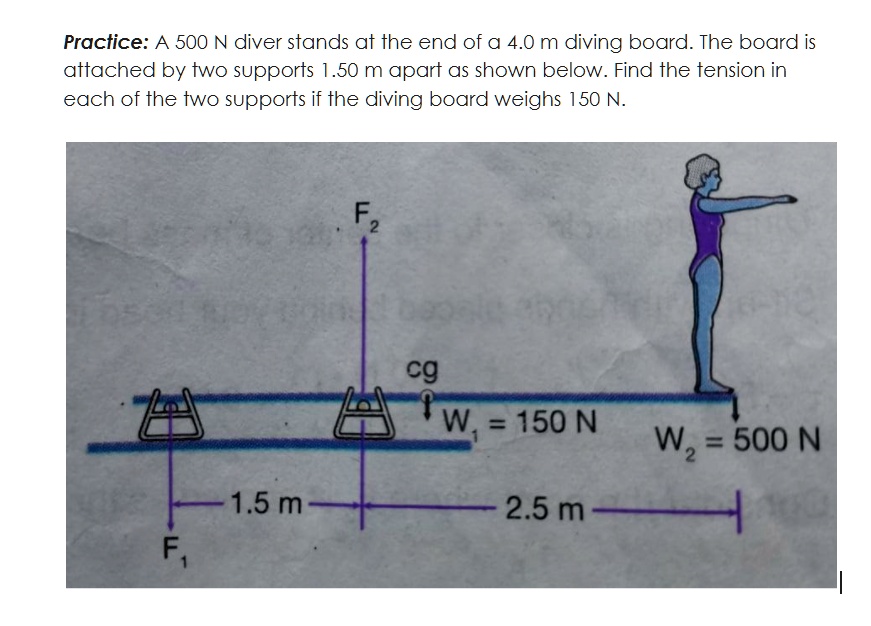 Practice A 500 N diver stands at the end of a 4.0 m diving board The