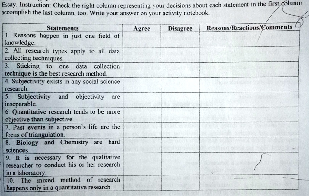 Essay. Instruction: Check the right column representing your decisions about each statement in the first column
accomplish the last column, too. Write your answer on your activity notebook.

Statements | Agree | Disagree | Reasons/Reactions/Comments
1. Reasons happen in just one field of knowledge.
2. All research types apply to all data collecting techniques.
3. Sticking to one data collection technique is the best research method.
4. Subjectivity exists in any social science research.
5. Subjectivity and objectivity are inseparable.
6. Quantitative research tends to be more objective than subjective.
7. Past events in a person's life are the focus of triangulation.
8. Biology and Chemistry are hard sciences.
9. It is necessary for the qualitative researcher to conduct his or her research in a laboratory.
10. The mixed method of research happens only in a quantitative research.