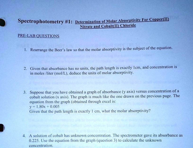 SOLVED Spectrophotometry 1 Determination of Molar Absorptivity for