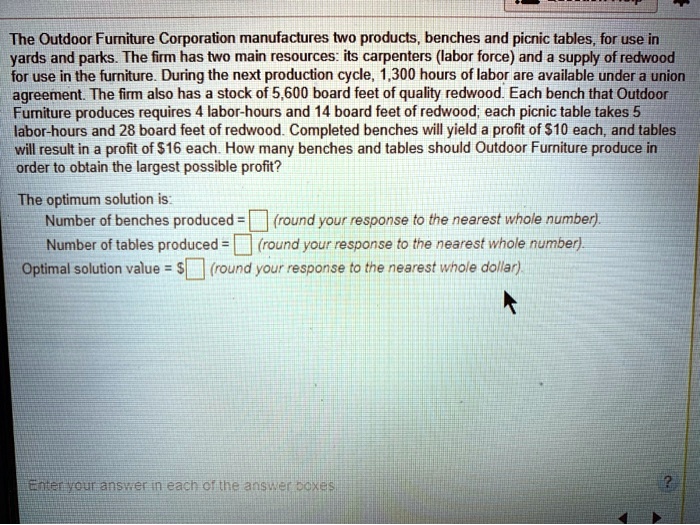 The Outdoor Furniture Corporation manufactures two products, benches