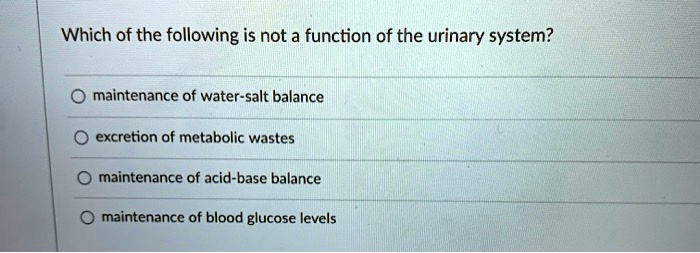 Which of the following is not a function of the urinary system?
maintenance of water-salt balance
excretion of metabolic wastes
maintenance of acid-base balance
maintenance of blood glucose levels