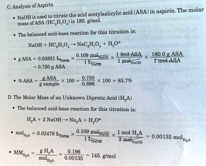 SOLVED Analysis of Aspirin (acetylsalicylic acid, ASA) in aspirin. The