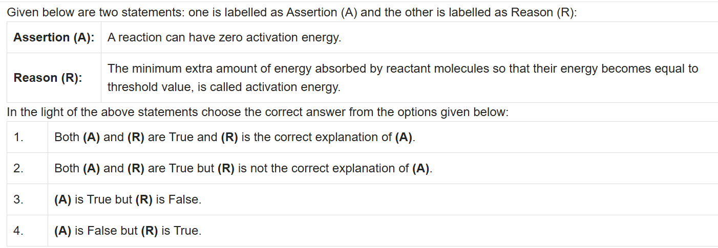 Given below are two statements: one is labelled as Assertion (A) and the other is labelled as Reason (R):

Assertion (A): A reaction can have zero activation energy.

Reason (R): The minimum extra amount of energy absorbed by reactant molecules so that their energy becomes equal to threshold value, is called activation energy.

In the light of the above statements choose the correct answer from the options given below:
1. Both (A) and (R) are True and (R) is the correct explanation of (A).
2. Both (A) and (R) are True but (R) is not the correct explanation of (A).
3. (A) is True but (R) is False.
4. (A) is False but (R) is True.
