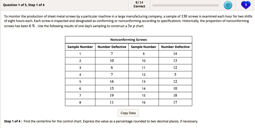 to monitor the production of sheet metal screws by a particular machine in a large manufacturing company a sample of 130 screws is examined each hour for two shifts of eight hours each each  84707