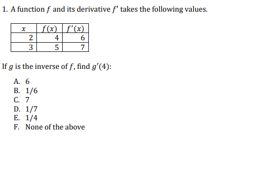 1. A function ( f ) and its derivative ( f^prime ) takes the following values.
egintabular|r|r|r|
hline multicolumn1|c|( x )     ( f(x) )     ( f^prime(x) ) hline 2     4     6 hline 3     5     7 hline
endtabular
If ( g ) is the inverse of ( f ), find ( g^prime(4) ) :
A. 6
B. ( 1 / 6 )
C. 7
D. ( 1 / 7 )
E. ( 1 / 4 )
F. None of the above