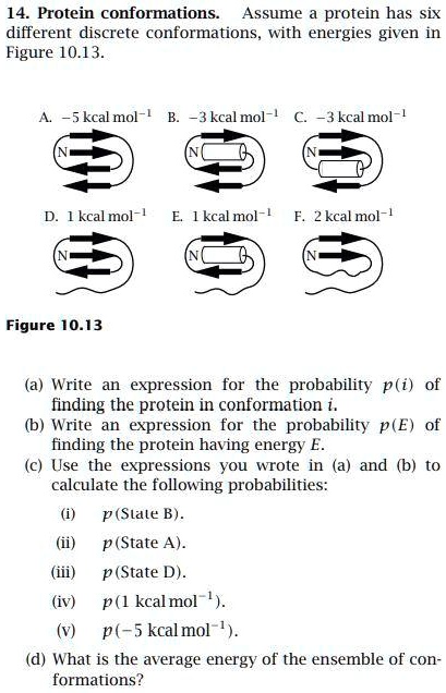 14. Protein conformations. Assume a protein has six different discrete conformations, with energies given in Figure 10.13.

A. -5 kcal mol-1 B. -3 kcal mol-1 C. -3 kcal mol-1
D. 1 kcal mol-1 E. 1 kcal mol-1 F. 2 kcal mol-1

Figure 10.13

(a) Write an expression for the probability p(i) of finding the protein in conformation i.
(b) Write an expression for the probability p(E) of finding the protein having energy E.
(c) Use the expressions you wrote in (a) and (b) to calculate the following probabilities:
(i) p(State B).
(ii) p(State A).
(iii) p(State D).
(iv) p(1 kcal mol-1).
(v) p(-5 kcal mol-1).
(d) What is the average energy of the ensemble of conformations?