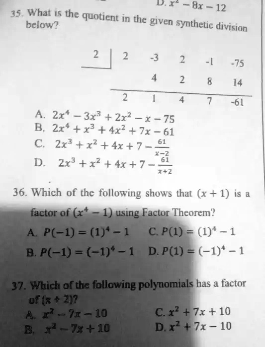 Dx 8x 12 35 what 5 the quotient in the below given synthetic