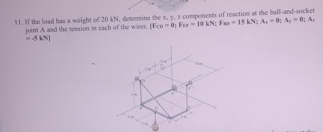 11. If the load has a weight of 20 kN, determine the x, y, z components of reaction at the ball-and-socket joint A and the tension in each of the wires. [FCD = 0; FEF = 10 kN; FBD = 15 kN; Ax = 0; Ay = 0; Az = -5 kN]