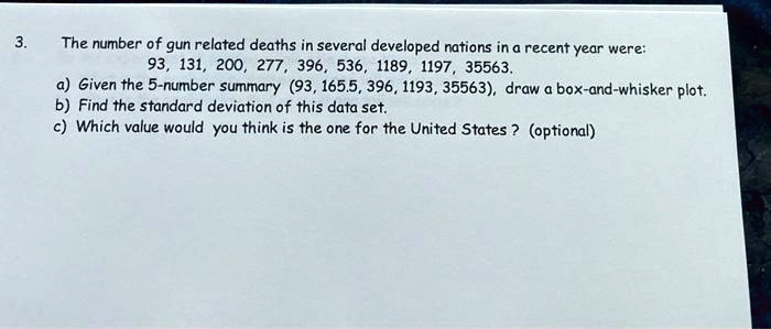 3. The number of gun related deaths in several developed nations in a recent year were: 93, 131, 200, 277, 396, 536, 1189, 1197, 35563. a) Given the 5-number summary (93, 165.5, 396, 1193, 35563), draw a box-and-whisker plot. b) Find the standard deviation of this data set. c) Which value would you think is the one for the United States ? (optional)