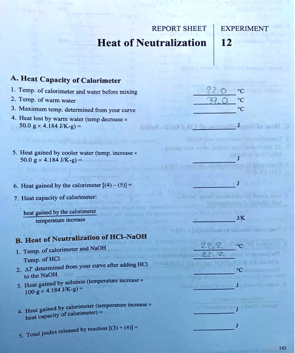 SOLVEDREPORT SHEET Heat of Neutralization EXPERIMENT 12 Heat Capacity