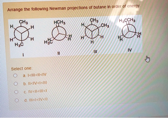 SOLVED Arrange The Following Newman Projections Of Butane In Order Of Energy CHa HCH3 CHa CHa