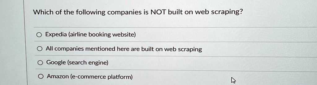 which of the following companies is not built on web scraping expedia airline booking website all companies mentioned here are built on web scraping google search engine amazon e commerce pl 94812