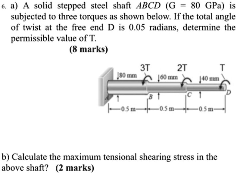 SOLVED A solid stepped steel shaft ABCD with a shear modulus (G) of 80