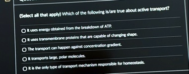 select all that apply which of the following isare true about active transport it uses energy obtained from the breakdown of atp it uses transmembrane proteins that are capable of changing s 48949