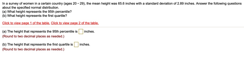 In a survey of women in a certain country (ages 20 - 29), the mean height was 65.6 inches with a standard deviation of 2.89 inches. Answer the following questions about the specified normal distribution.
(a) What height represents the 95th percentile?
(b) What height represents the first quartile?

(a) The height that represents the 95th percentile is ? ? inches.
(Round to two decimal places as needed.)

(b) The height that represents the first quartile is ? ? inches.
(Round to two decimal places as needed.)