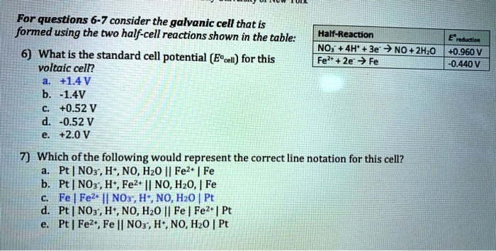 Solved For Questions 6 7 Consider The Galvanic Cell That Is Formed Using The Two Half Cell Reactions Shown In The Table Half Reacton E Reduation No What Is 4h The Standard Cell 3e Zno 2h 0 0 960 Solved For Questions 6 7 Consider The Galvanic Cell That Is Formed Using The Two Half Cell Reactions Shown In The Table Half Reacton E Reduation No What Is 4h The Standard Cell 3e Zno 2h 0 0 960