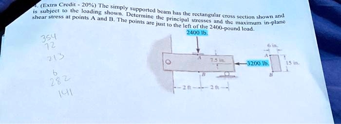 (Extra Credit - 20%) The simply supported beam has the rectangular cross section shown and is subject to the loading shown. Determine the principal stresses and the maximum in-plane shear stress at points A and B. The points are just to the left of the 2400-pound load.