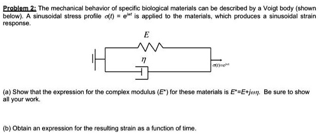 Problem 2: The mechanical behavior of specific biological materials can be described by a Voigt body (shown
below). A sinusoidal stress profile σ(t) = e^jω t is applied to the materials, which produces a sinusoidal strain
response.

E
?

(a) Show that the expression for the complex modulus (E*) for these materials is E^* = E + jωη. Be sure to show
all your work.

(b) Obtain an expression for the resulting strain as a function of time.