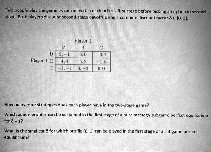 Two people play the game twice and watch each other's first stage before picking an option in second
stage. Both players discount second-stage payoffs using a common discount factor δ∈ [0, 1].
Player 2
A	B	C
Player 1
D	2, -1	6, 0	-3, 7
E	4, 4	5, 2	-1, 0
F	-1, -1	4, -2	0, 0
How many pure strategies does each player have in the two-stage game?
Which action profiles can be sustained in the first stage of a pure-strategy subgame perfect equilibrium
for δ = 1?
What is the smallest δ for which profile (E, C) can be played in the first stage of a subgame perfect
equilibrium?
