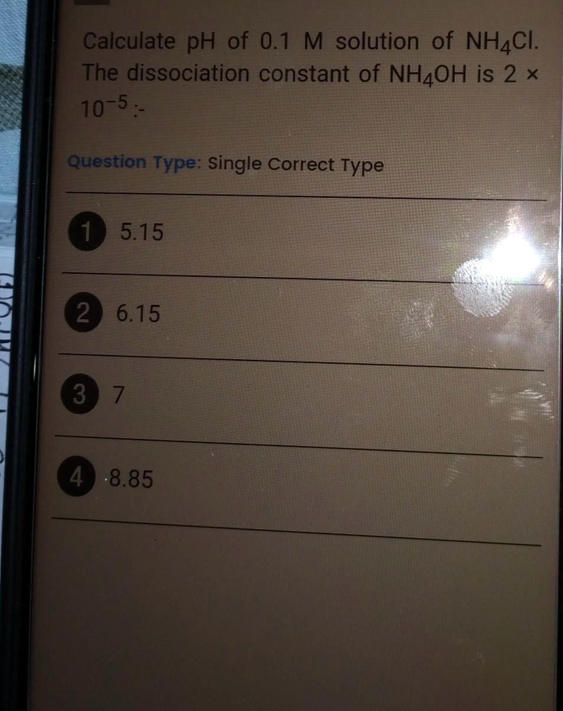 Solved Calculate The Ph Of A 0 1 M Solution Of Nh4cl The Dissociation Constant Of Nh4oh Is 2 X