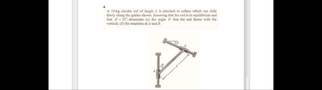 a 10 kg slender rod of length z is attached to sotters which can slide freely aloeg the guiles shown knowing that the rod is in equilibrium and that beta 25deg determine a the angle beta tha 67432