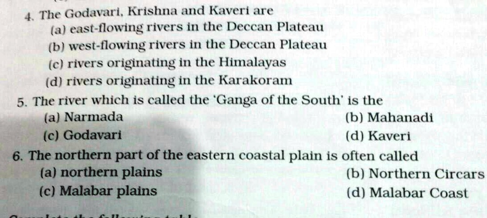 4. The Godavari, Krishna and Kaveri are (a) east-flowing rivers in the ...