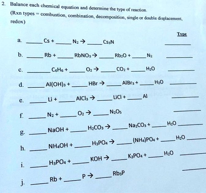 SOLVED: Balance each chemical equation and determine the type of ...