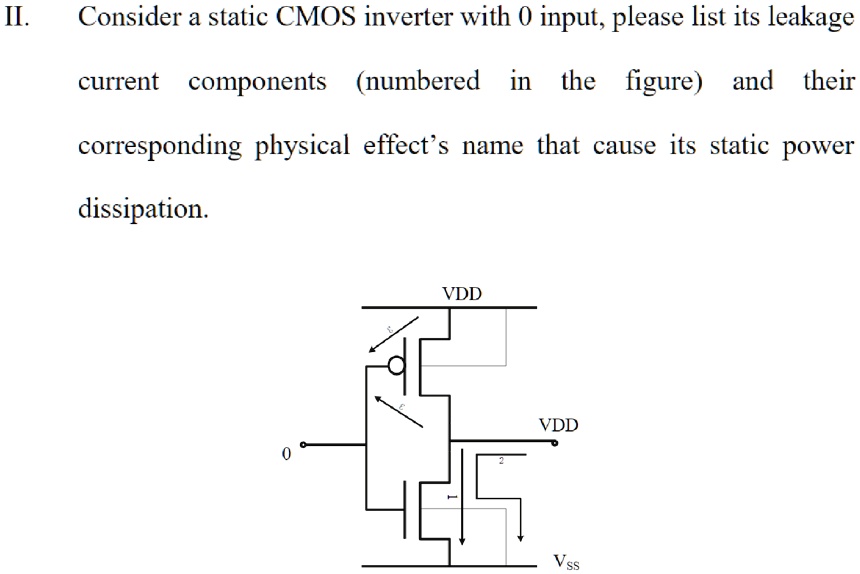 SOLVED: II. Consider a static CMOS inverter with 0 input, please list ...
