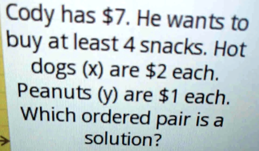 SOLVED Cody has 7. He wants to buy at least 4 snacks; Hot dogs (x