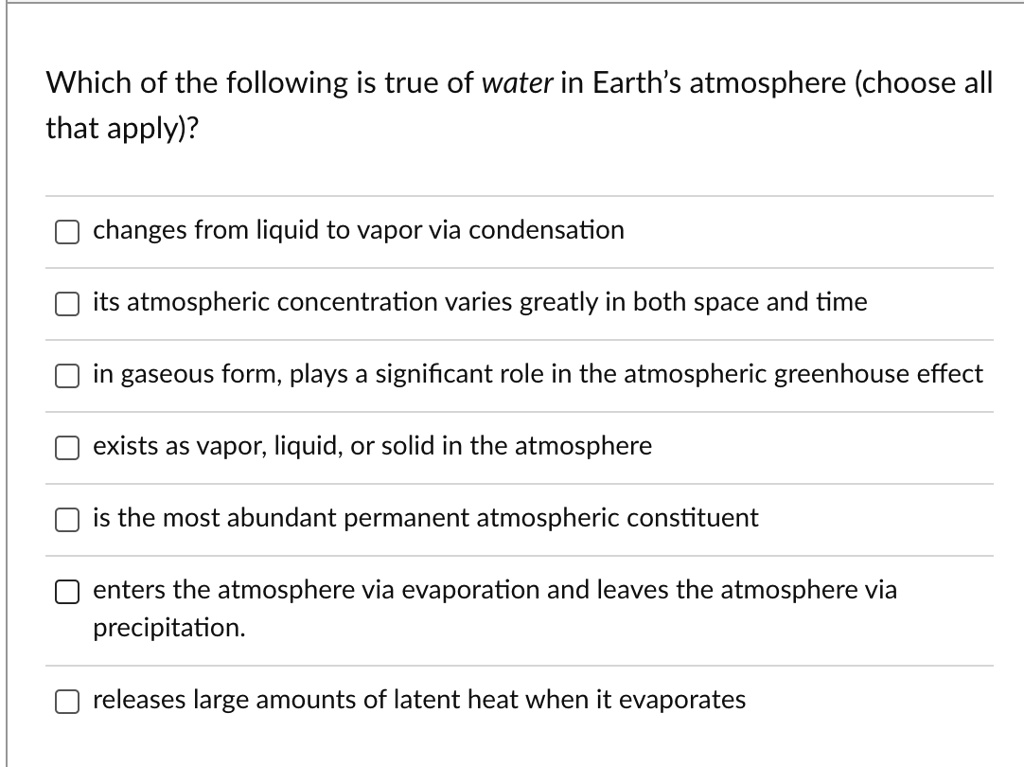 SOLVED "Which of the following is true of water in Earth's atmosphere