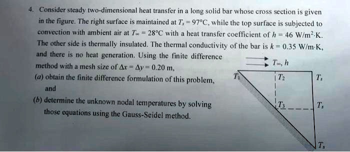 Consider steady two-dimensional heat transfer in a long solid bar whose ...