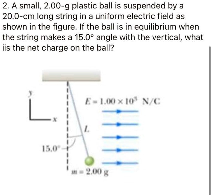 SOLVED A small, 2.00g plastic ball is suspended by a 20.0cm long