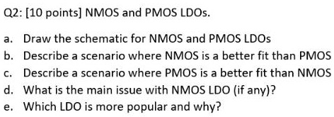 SOLVED: Q2: [10 points] NMOS and PMOS LDOs a. Draw the schematic for ...