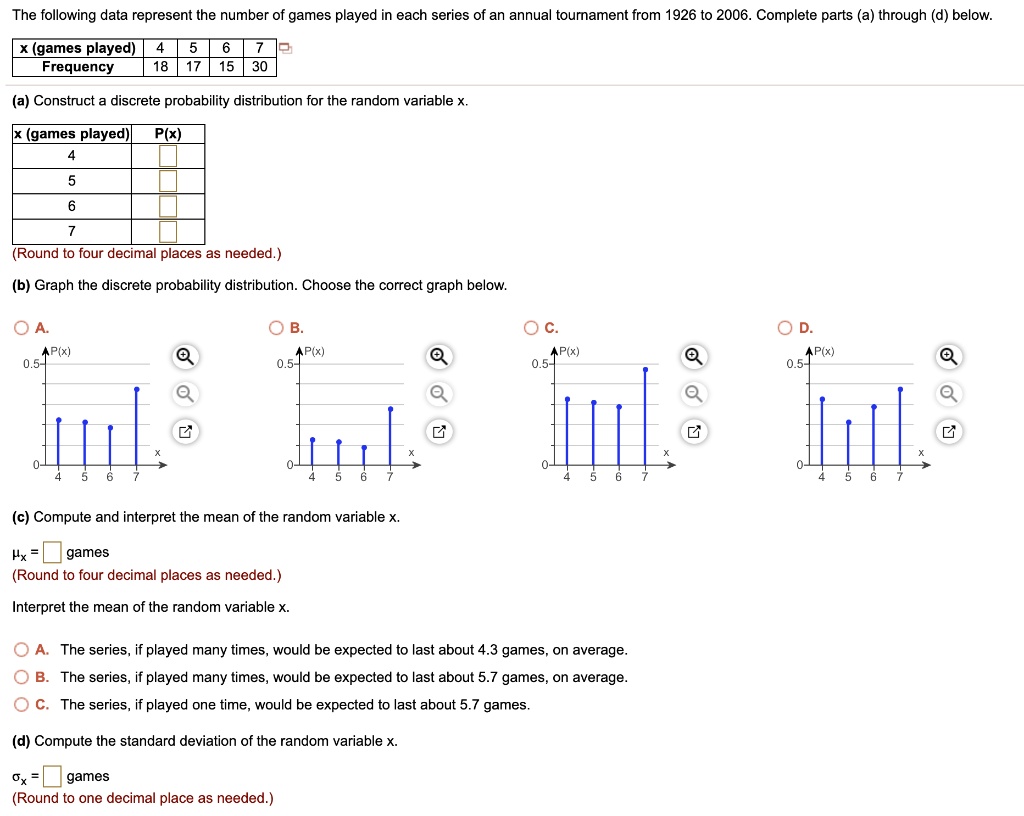 SOLVED: The following data represent the number of games played in each  series of an annual tourament from 1926 to 2006. Complete parts (a) through  (d) below: (games Played) Frequency Construct a